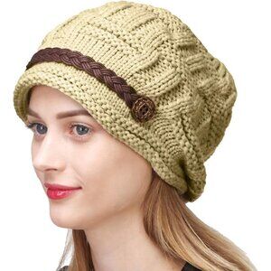 🆕Women's Beige Fashion Winter Warm Knit Beanie Crochet Cap Hat Leather Strap